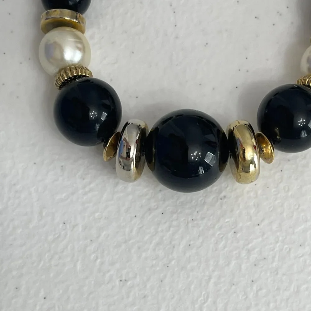 White Black‎ Beaded Beads Gold-tone Chain Fashion Necklace